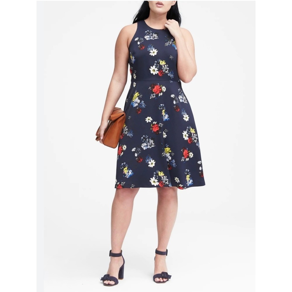 Banana Republic Patrizia Navy Blue Floral Sleeveless Dress 14 Petite